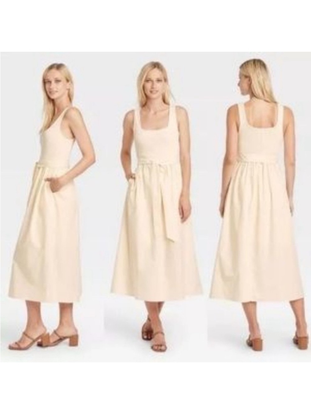 Who What Wear Cream Midi Dress with Tie Waist